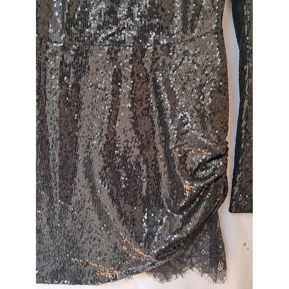 House‎ of CB Black Sequin Mock Neck Long Sleeve Ruched Lace Trim Mini Dress S - Picture 10 of 14